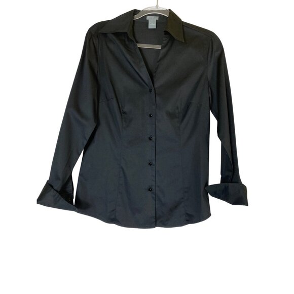 Ann Taylor Black Button-Up Collared Shirt Size 8 Classic Office Work Classic - Picture 1 of 4